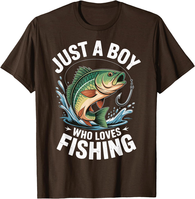 Boy Fishing Fisher Angler Kid Just A Boy Who Loves Fishing T-Shirt - Brown
