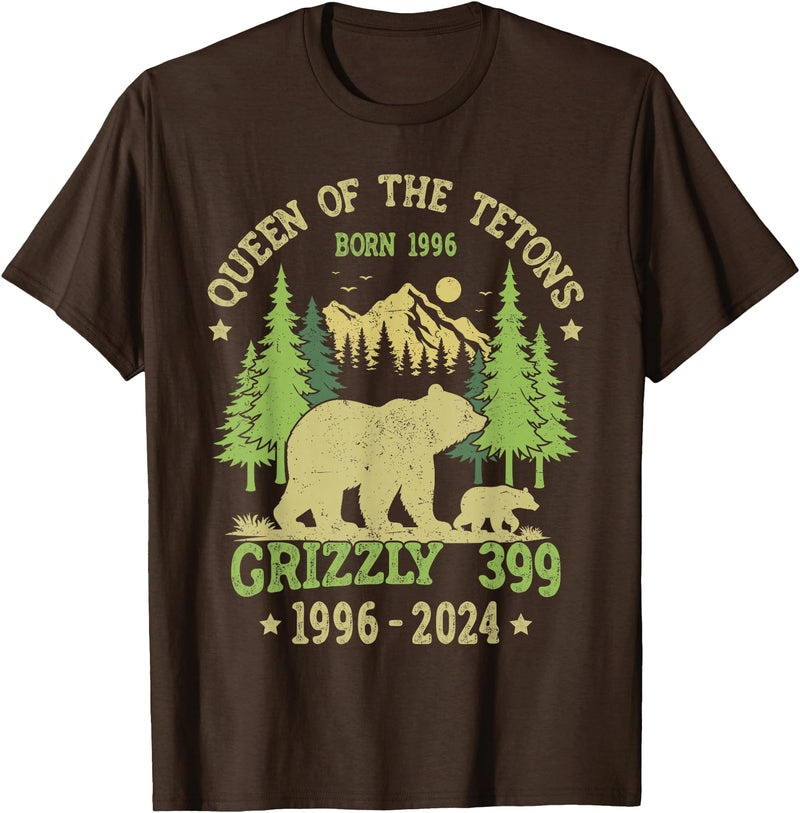 Vintage National Park Outfits Bear Lovers Apparel. Queen Of The Tetons Grizzly 399 National Park 1996-2024 T-Shirt - Brown