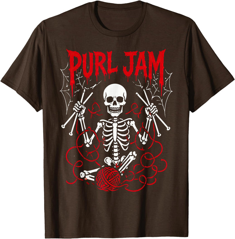Bone Knitting Co. Purl Jam Skeleton Knitting Craft Lover Funny Design T-Shirt - Brown
