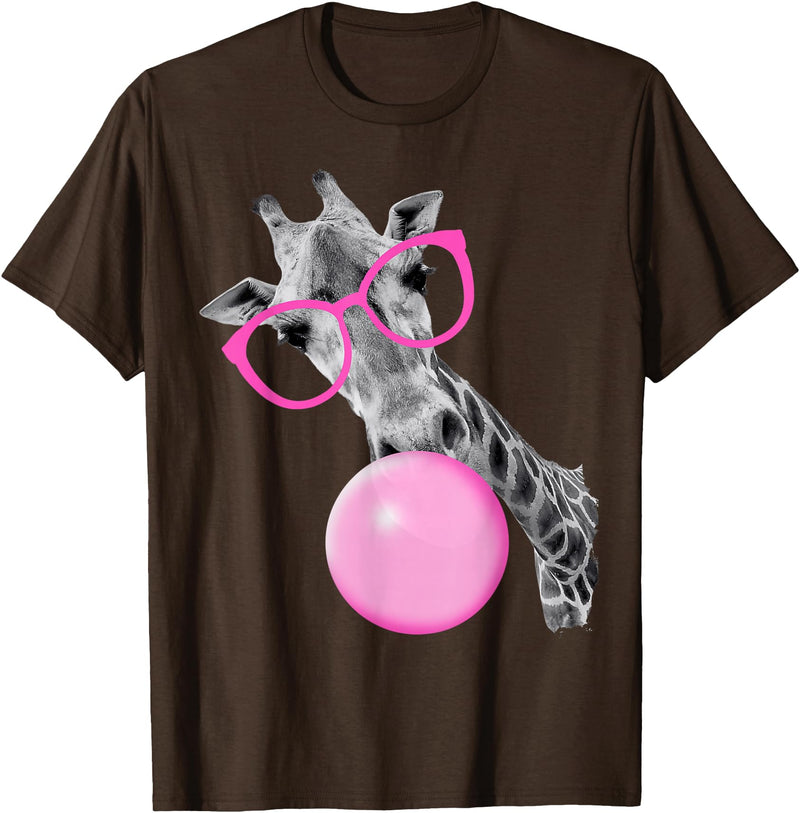 Pink Glasses and Bubblegum Animals Cool Giraffe Blowing Bubble with Pink Glasses – Funny Animal T-Shirt - Brown