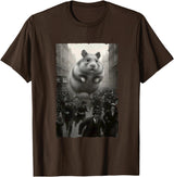 Giant Puffy Hamster Funny Destroying Retro City Picture T-Shirt - Brown