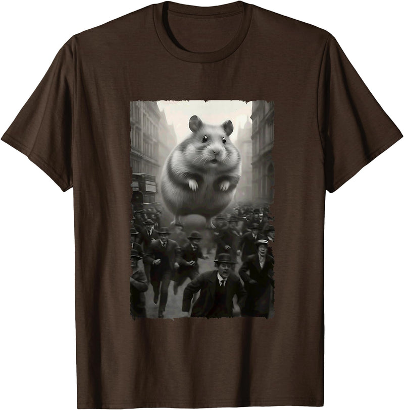 Giant Puffy Hamster Funny Destroying Retro City Picture T-Shirt - Brown
