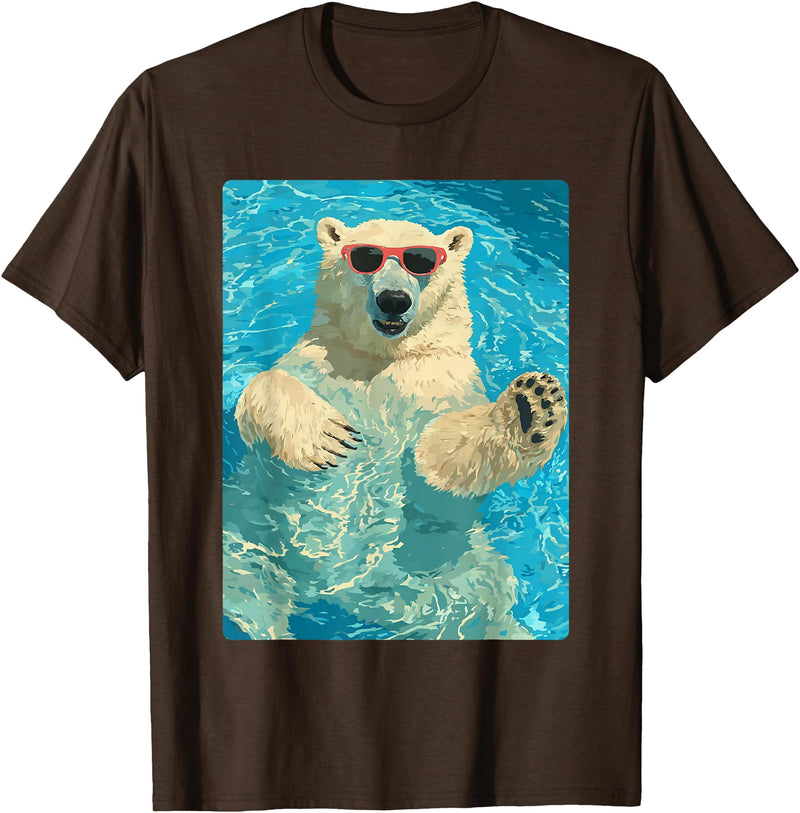 Pool Party Summer Animals Designs Funny Polar Bear with Sunglasses Summer Animal Swimming T-Shirt - Brown