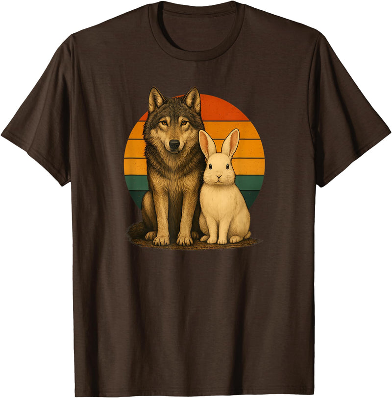 Wolf Rabbit Retro Animal Friends T-Shirt in Brown