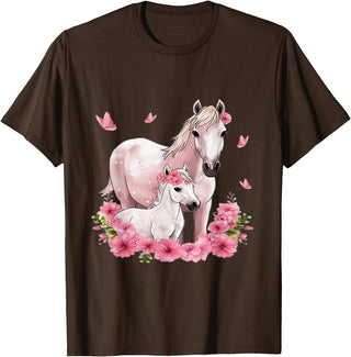 Horse Foal Butterfly Girl Flowers Horseback Riding Horse with Foal - Flowers and Butterflies T-Shirt - Brown