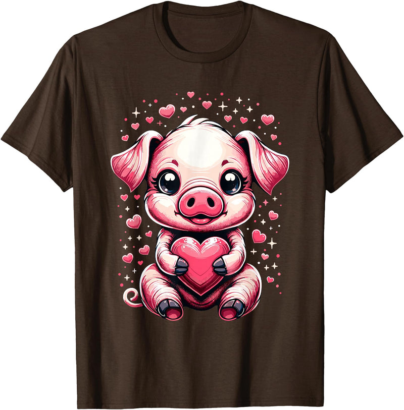 Cute Pig Valentine Apparel Pig Holding Heart Valentine's Day Cute Valentine T-Shirt - Brown