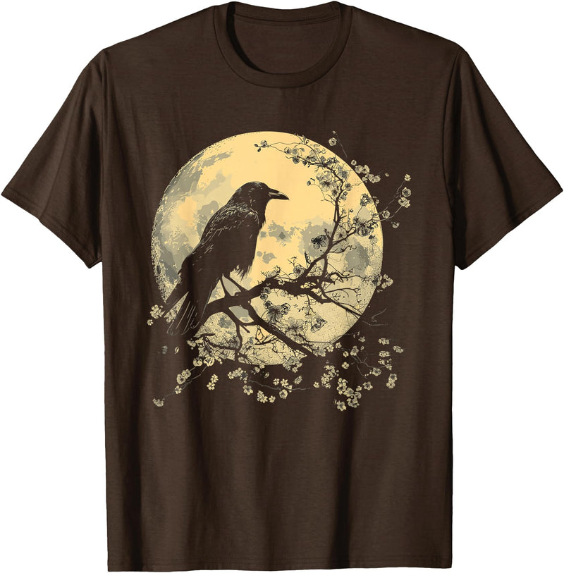 Black Raven Bird Art Outfits Raven Moon Crow Nature T-Shirt - Brown