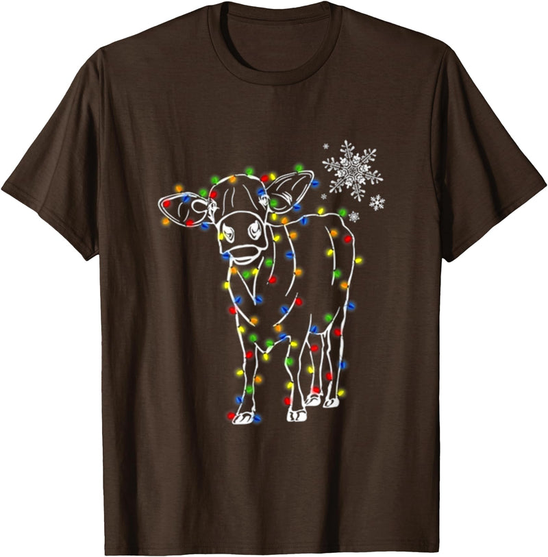 Cow Christmas Light Tree Cow Xmas Snow Lover T-Shirt - Brown
