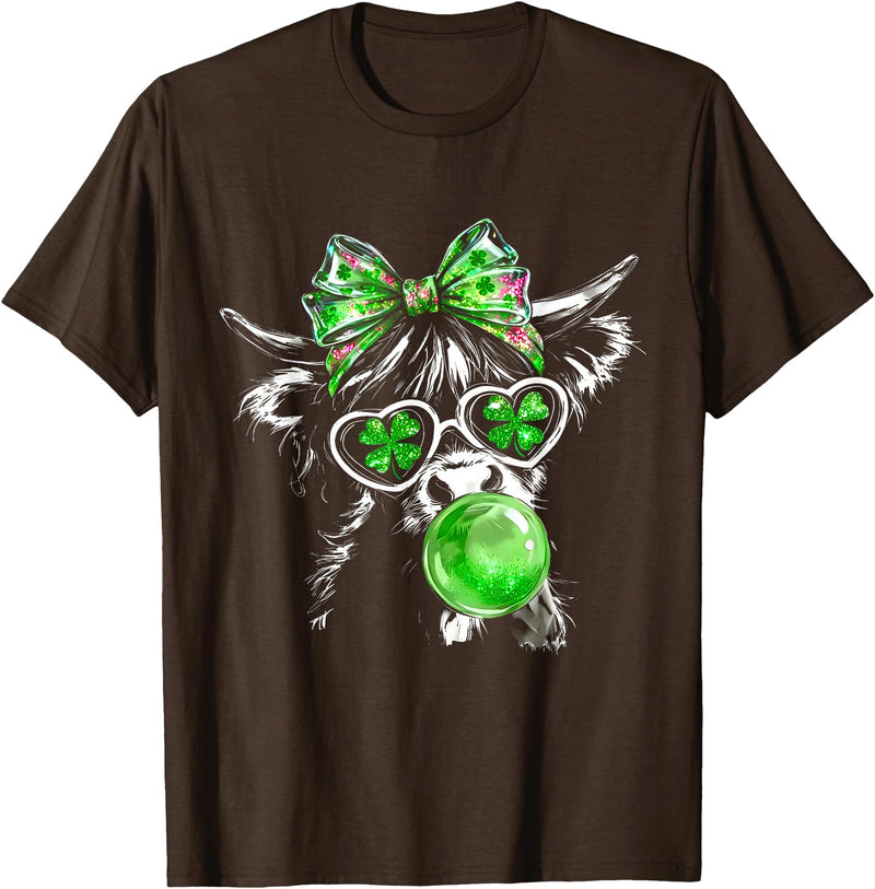 Funny St Patrick’s Day Shamrock Irish Cow Lover Coquette Highland Cow St Patrick’s Day Lucky Irish Cow Lover T-Shirt - Brown