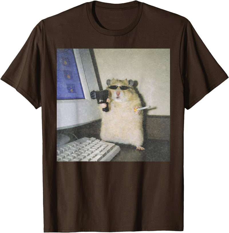 Cyber Hamster Meme Cringe Funny Animal Vintage Graphic Tee T-Shirt - Brown