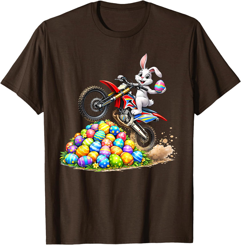 Cool Easter Bunny Dirt Bike Rider Funny Motocross Rabbit T-Shirt in Brown