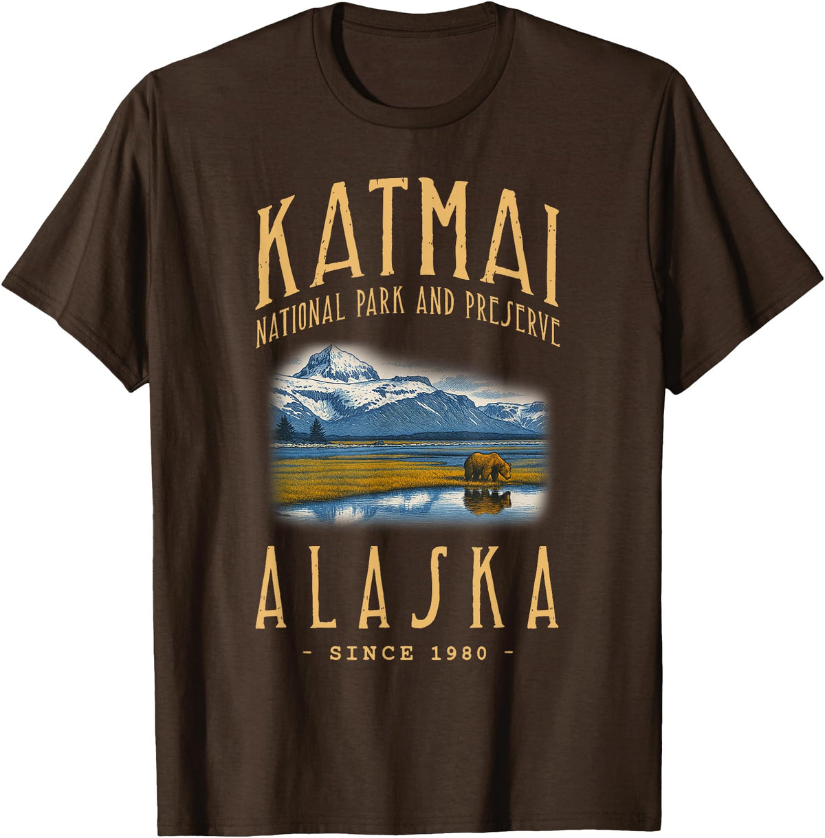 WILDLIFE NATIONAL PARK DESIGNS OF ALASKA KATMAI NATIONAL PARK, ALASKA. CAMPING, HIKER T-Shirt - Brown
