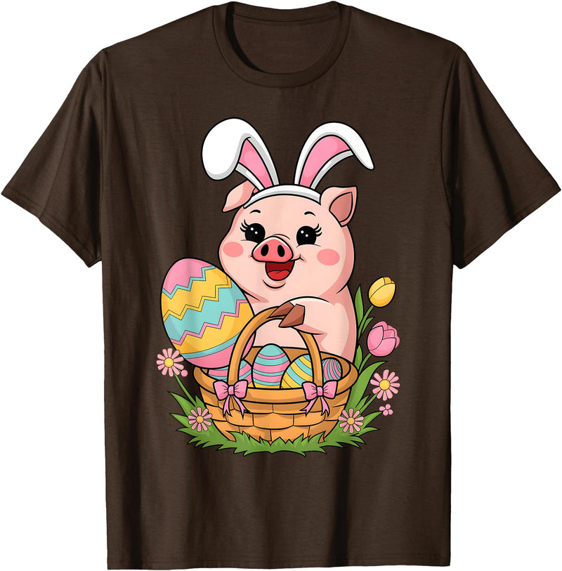Happy Easter Pig Animal Happy Easter Women Girls Kids Easter Egg Basket Easter Pig T-Shirt - Brown