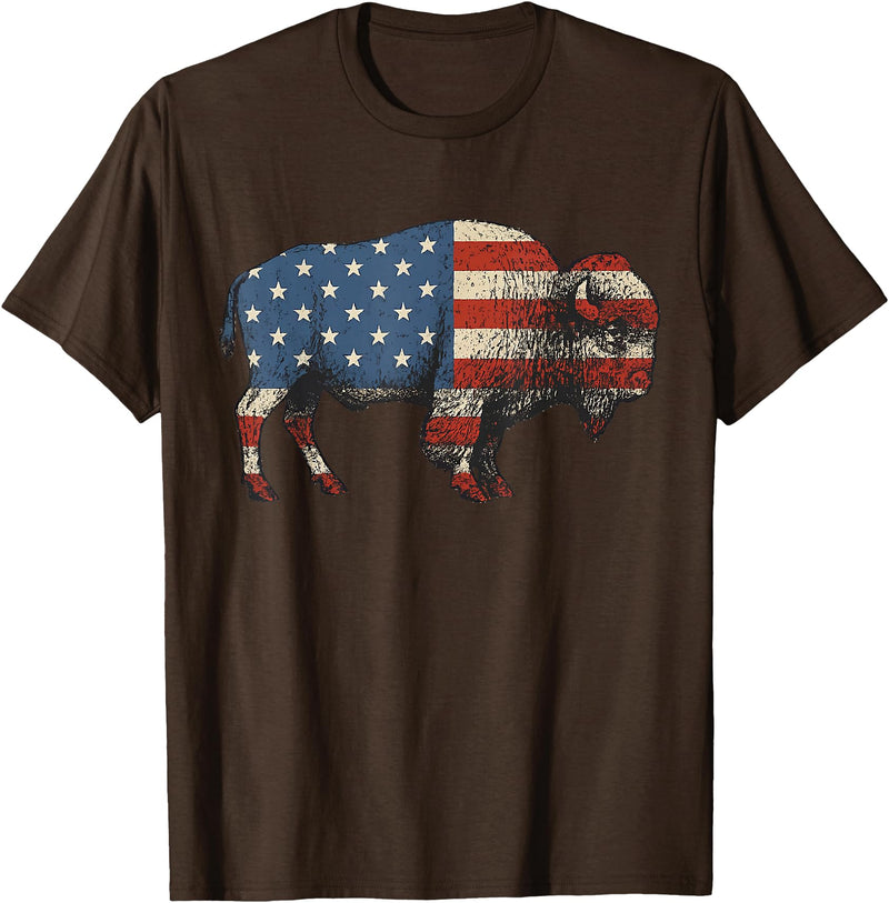 Bison American Buffalo Gifts & Apparel Stuff Bison USA American Flag Patriotic United States T-Shirt - Brown