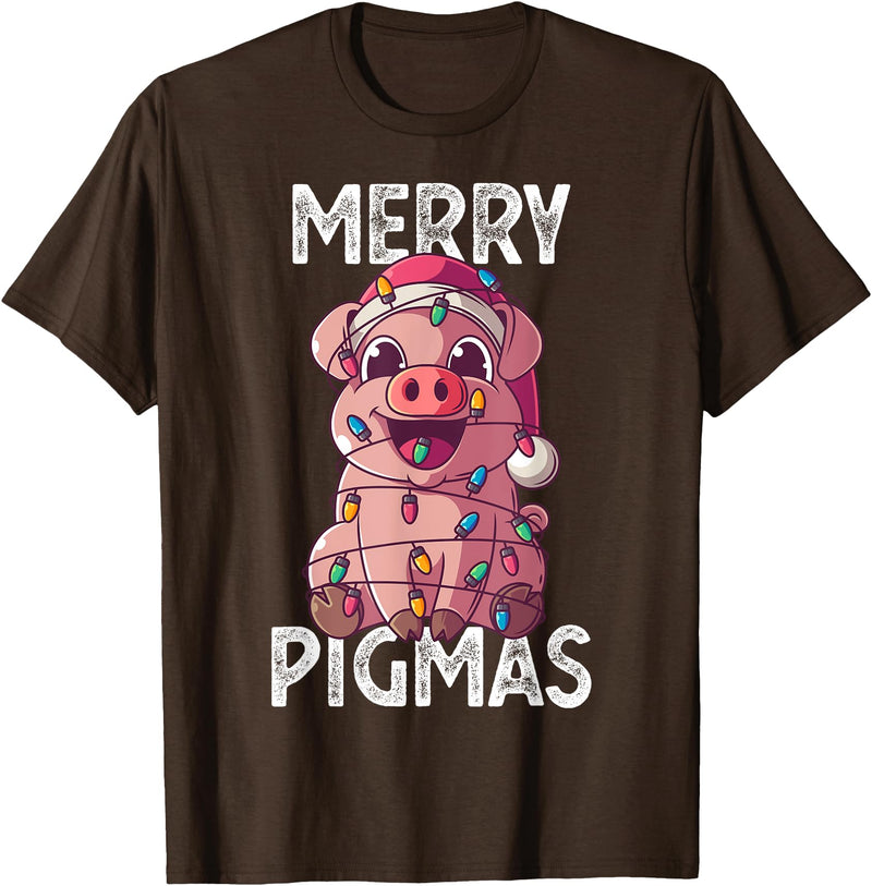 The Weird Shop Merry Pigmas Pig Christmas Santa Pig Xmas Lights Farmer Gift T-Shirt - Brown