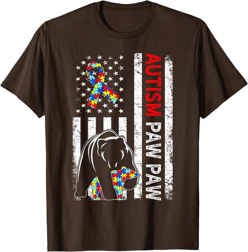 Distressed American Flag Autism Paw Paw Bear Awareness T-Shirt - Brown