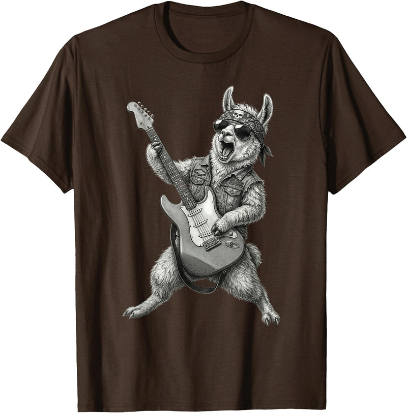 Rock Guitar Llama Stuff Accessories & Gifts Llama Playing Guitar Rock & Roll Llamas Alpaca Rocker Music T-Shirt - Brown