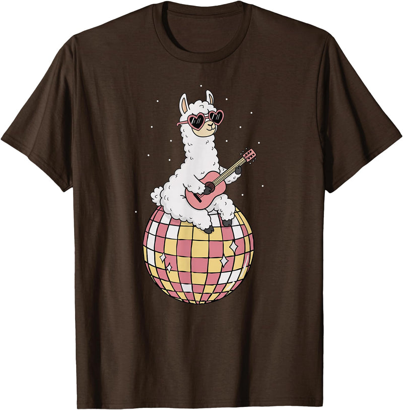 DiscoballAxis1 Funny Llama Disco Dancing Ball Groovy Retro 80s Costume T-Shirt - Brown