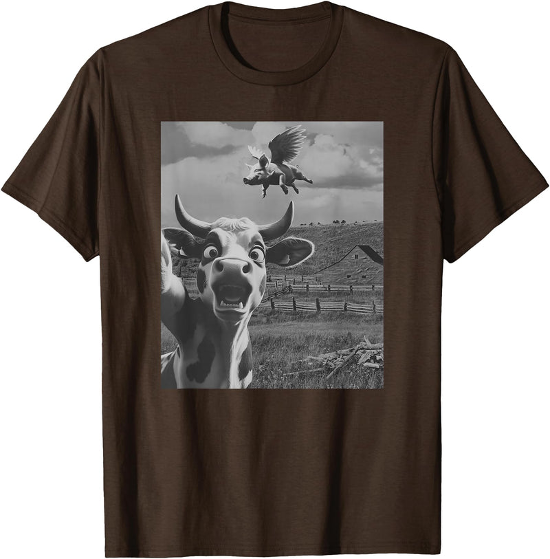 When Pigs Fly Pig Lover Designs Apparel Gifts Cow Selfie With Flying Pigs Fly Funny Gift for Men Women Kid T-Shirt - Brown
