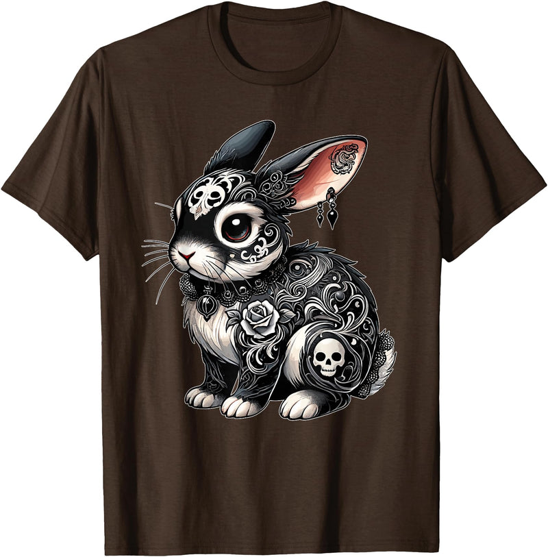 Gothic Filigree Rabbit with Skulls T-Shirt in Brown