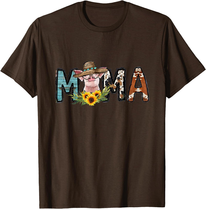 Pig Mama Pig Mom Sunflower Country Farm Life Cowhide T-Shirt - Brown