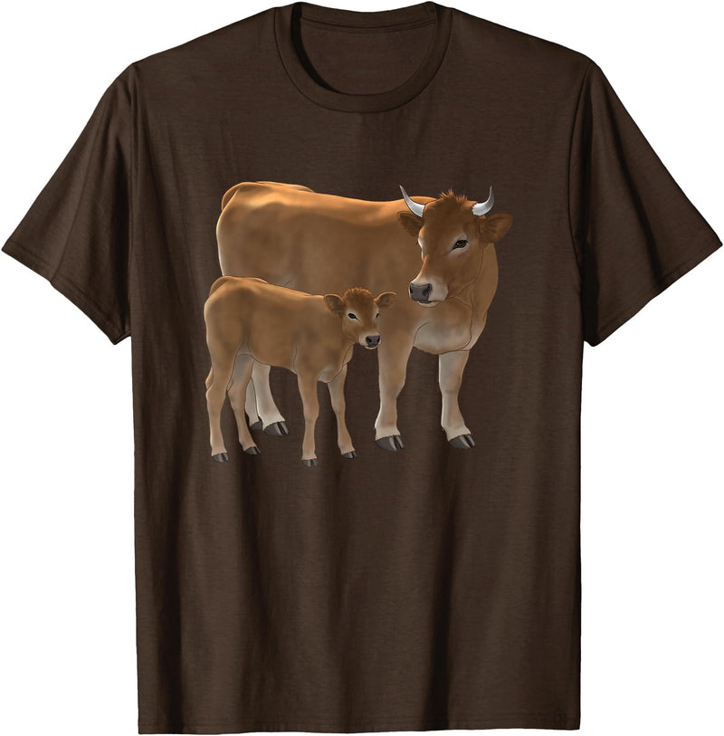 Bauernhof-Tiere von CSForest Aubrac Cow and Aubrac Calf Cattle Farm Animals T-Shirt - Brown