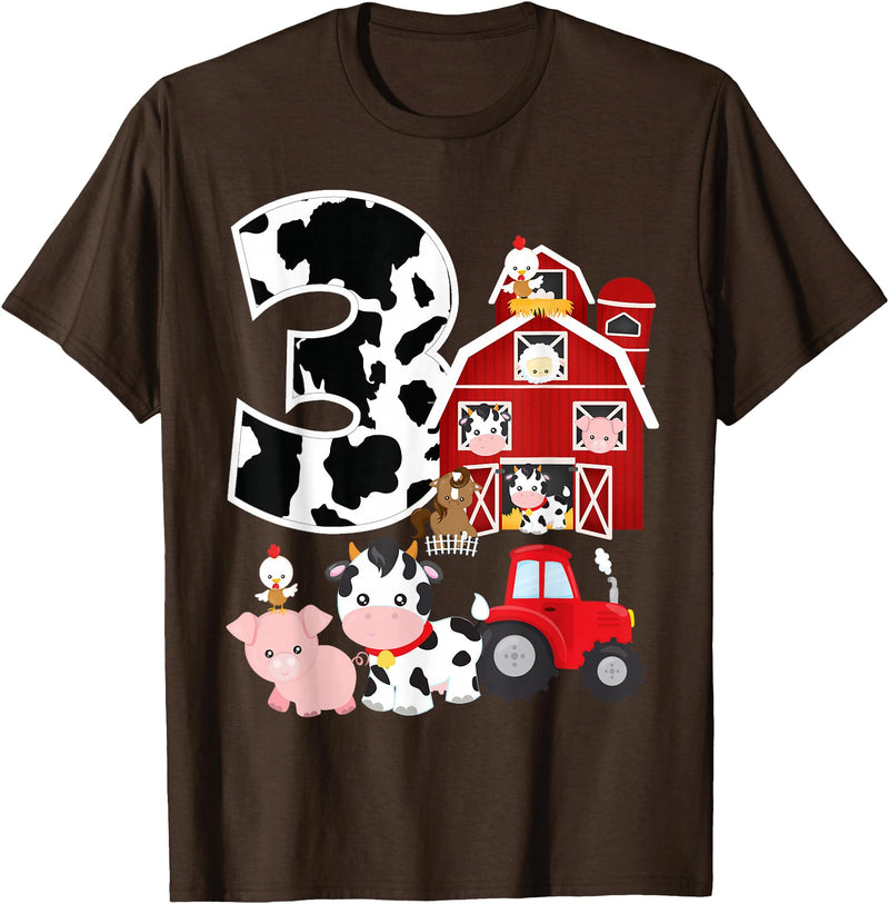 3 Birthday Farm 3 Years Old 3rd Bday Party Supply Farm Barnyard Theme Pig Cow Horse 3rd Birthday 3 Yrs Old T-Shirt - Brown