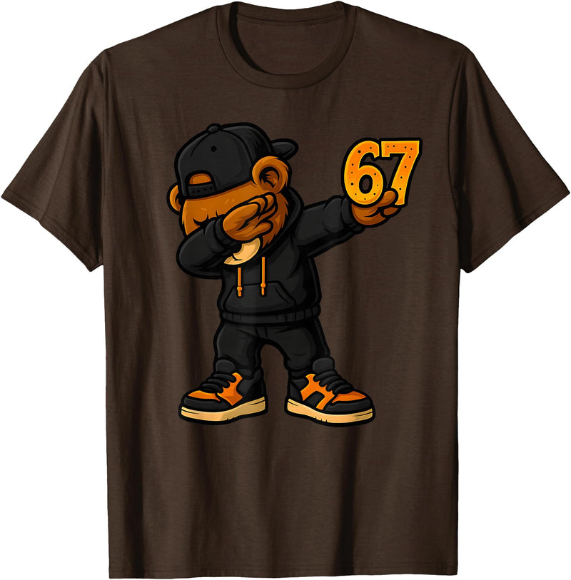 Funny Hip Hop Teddy Bear Six Seven Meme Designs Dabbing Teddy Bear 67 Meme Funny Brainrot Hip Hop Kids Boys T-Shirt - Brown
