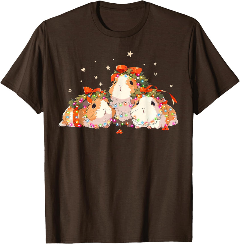 Guinea Pig Christmas Clothing Guinea Pigs Tangled Up In Christmas Lights Guinea Pig Lover T-Shirt - Brown