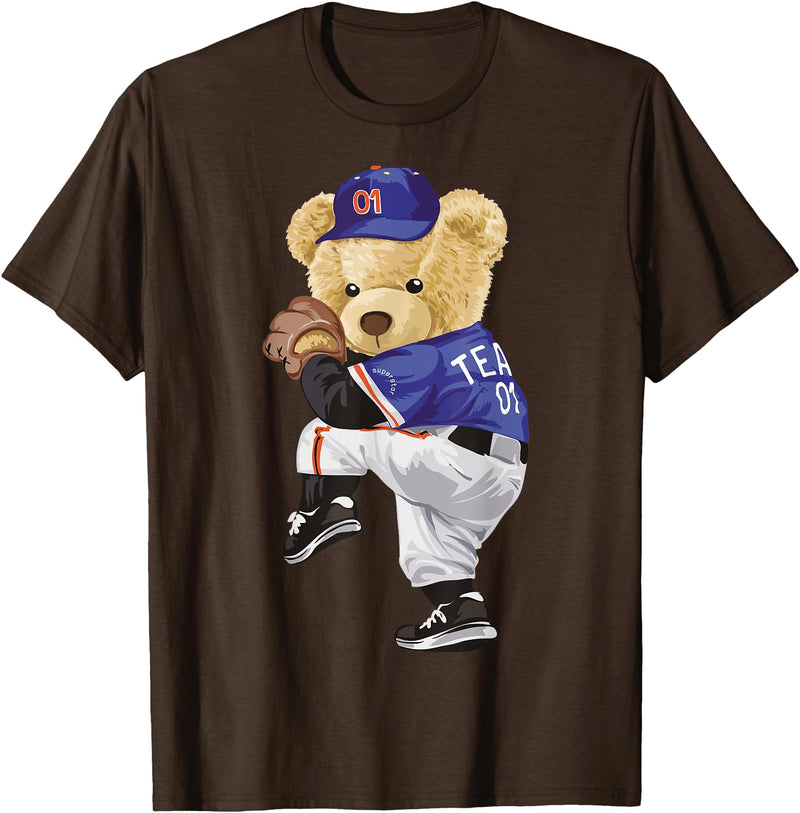 BERSLL Cute Teddy Bear Baseball Jug Sweatshirt T-Shirt - Brown