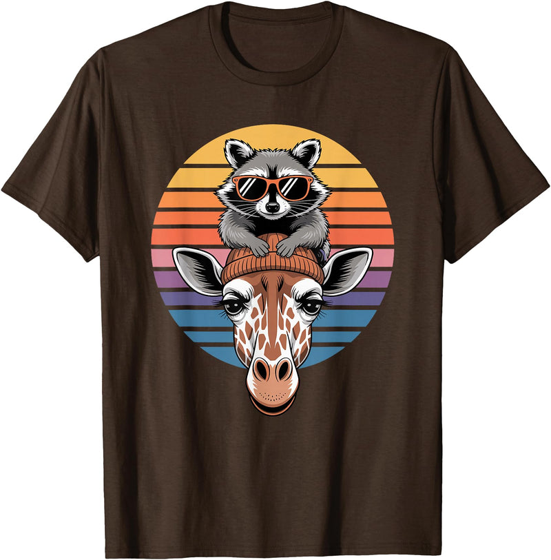 Giraffes Gift For A Giraffe Lover Retro Sunset Giraffe Raccoon Giraffes T-Shirt - Brown