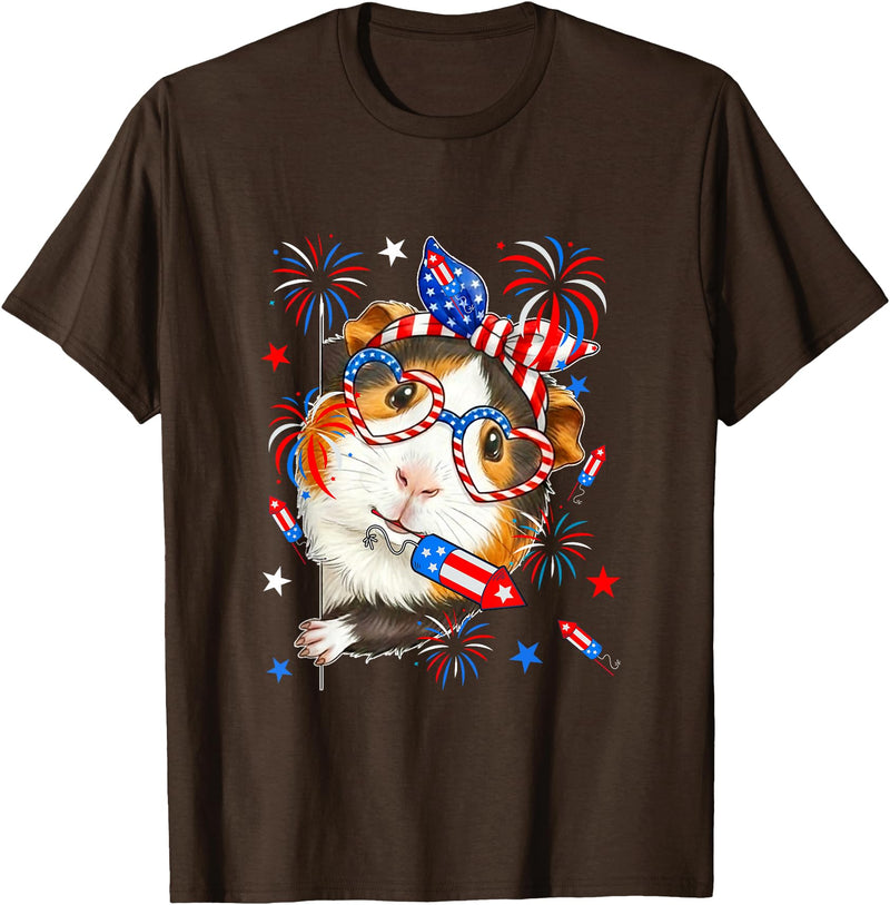 Rodent 4th Of July Costume Guinea Pig Sunglasses US Flag Bow Tie Fireworks 4th July T-Shirt - Brown