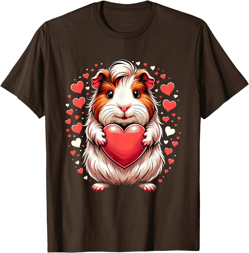 Cute Guinea Pig Apparel for Women Kids Guinea Pig Holding Heart Valentine's Day Cute Valentine T-Shirt - Brown