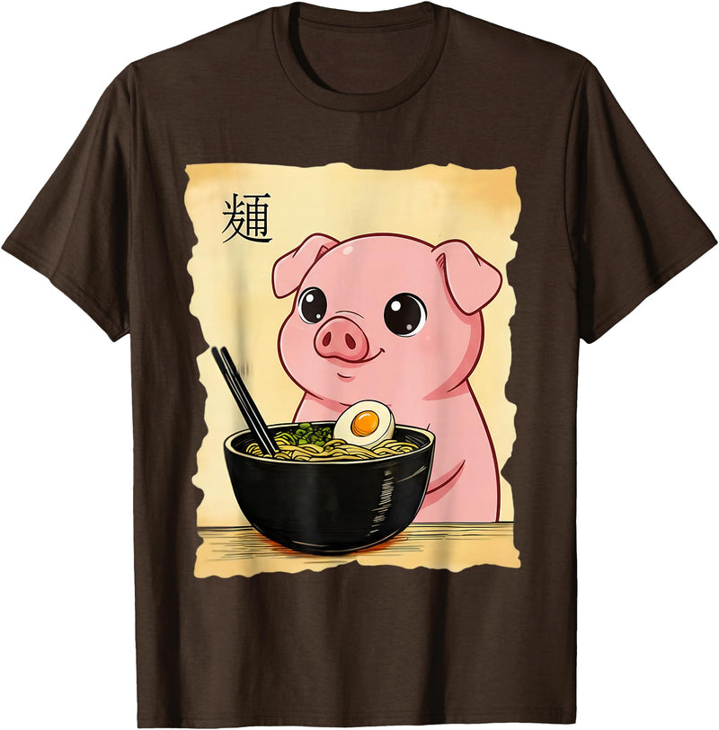 Funny Pig Anime Eating Ramen Pig Ramen Japanese Kawaii Anime Pig T-Shirt - Brown