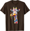 Colorful Floral Giraffe Rainbow Style Rainbow Giraffe with Flowers T-Shirt - Brown