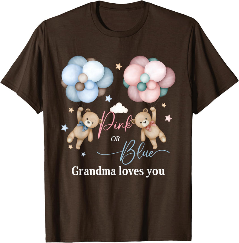 Bear Balloons Boy Or Girl Baby Gender Reveal Tee Bears Pink Or Blue Grandma Loves You Gender Reveal T-Shirt - Brown
