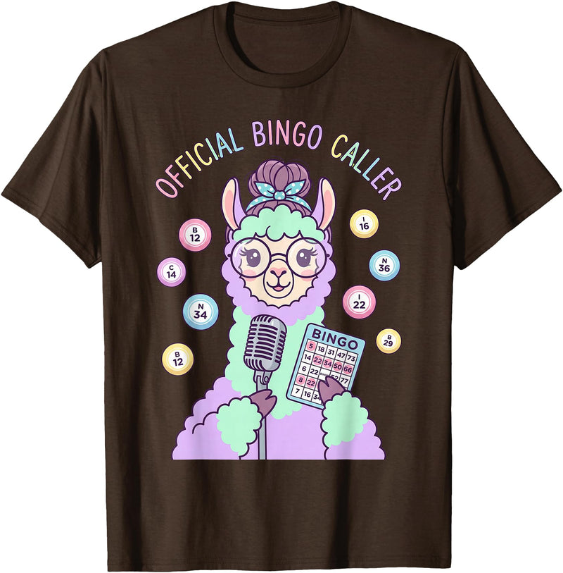 Cute Bingo Caller Activity Staff Gear Official Bingo Caller Llama Funny Activity Director Alpaca T-Shirt - Brown