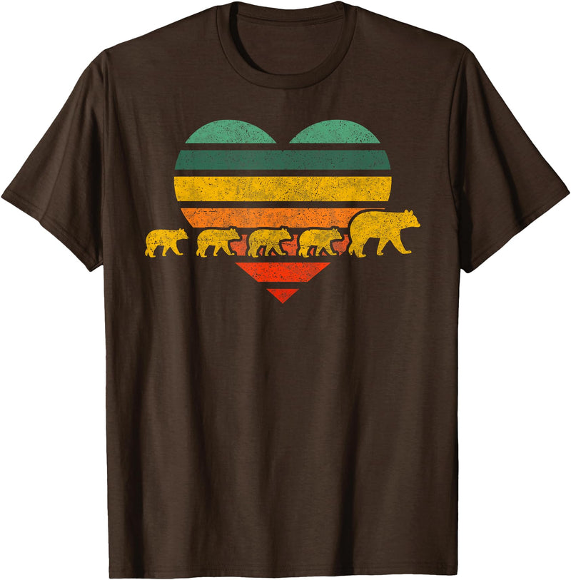 Just for Mom Mama Bear Four Cubs Shirt Retr Heart Mothers Day Gift T-Shirt - Brown