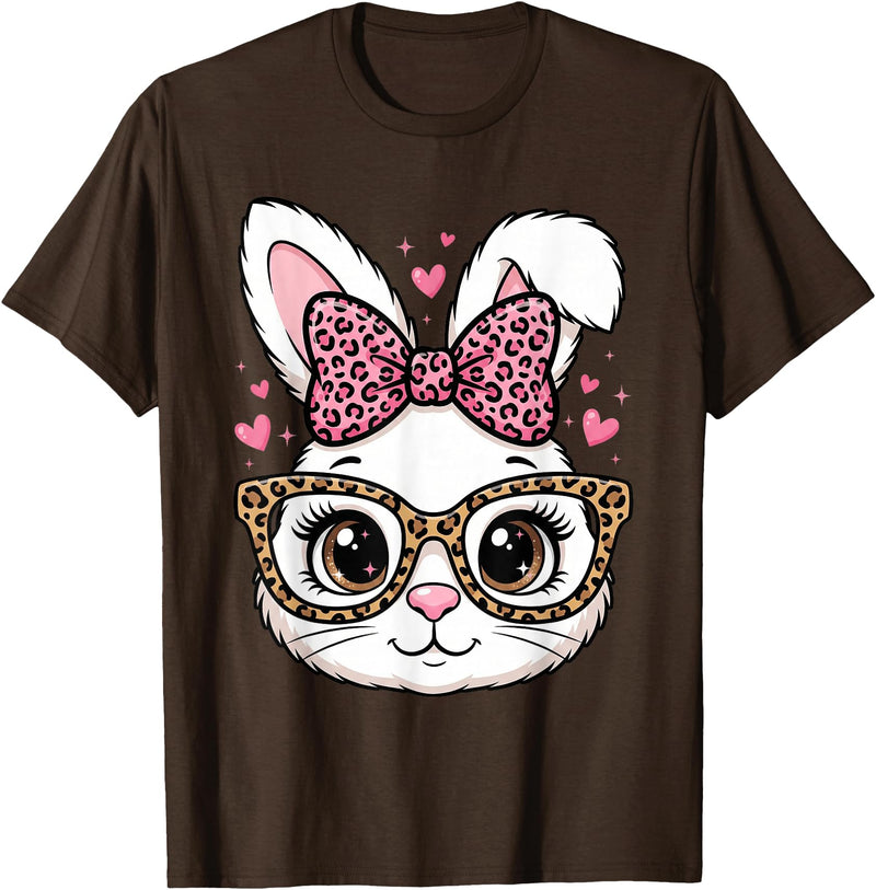Cute Easter Rabbit Face Leopard Bow Sunglasses Bunny Girls T-Shirt in Brown
