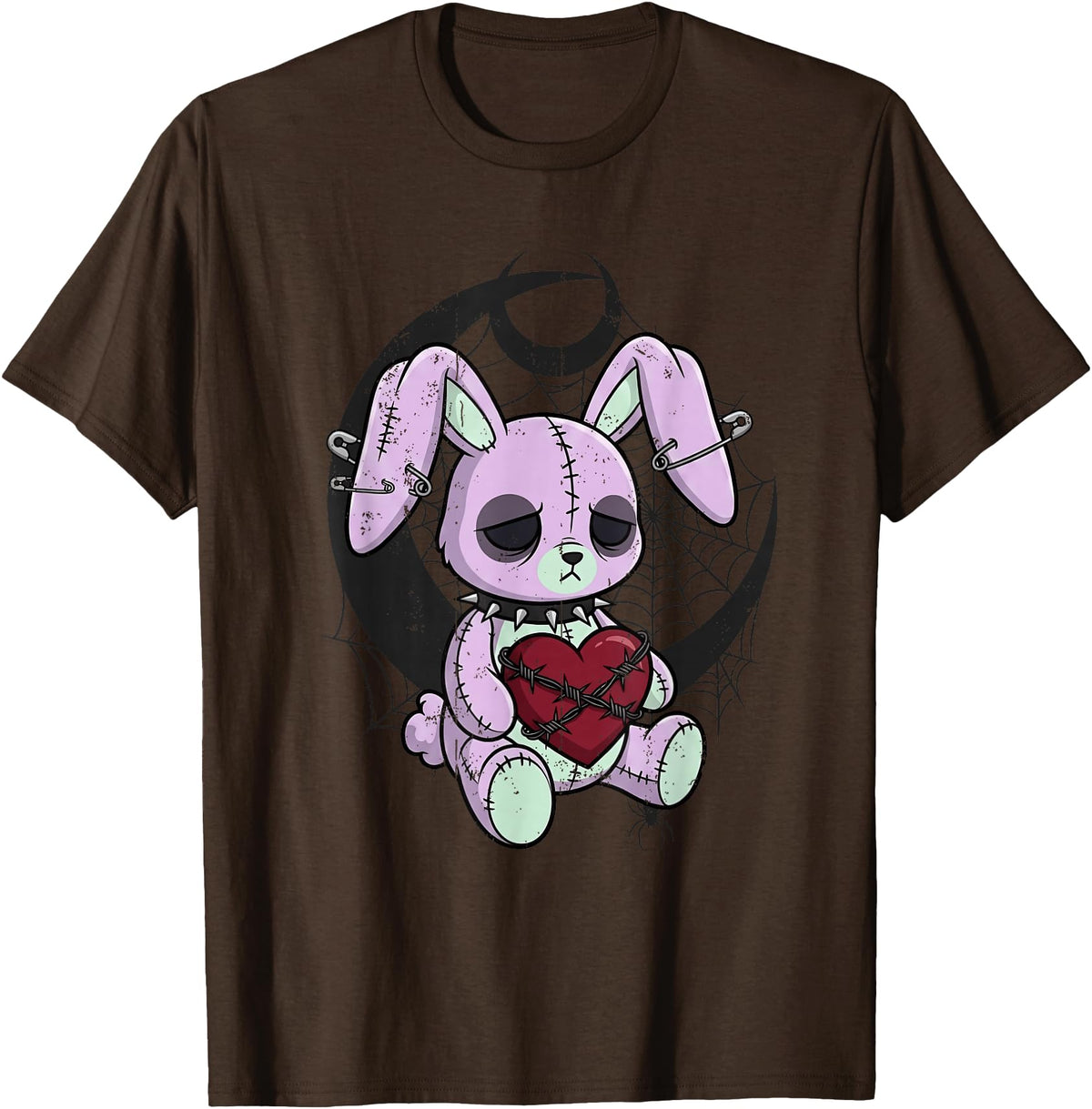 Creepy Cute Bunny Goth Heart Spiderweb Alt Pastel Rabbit T-Shirt in Brown