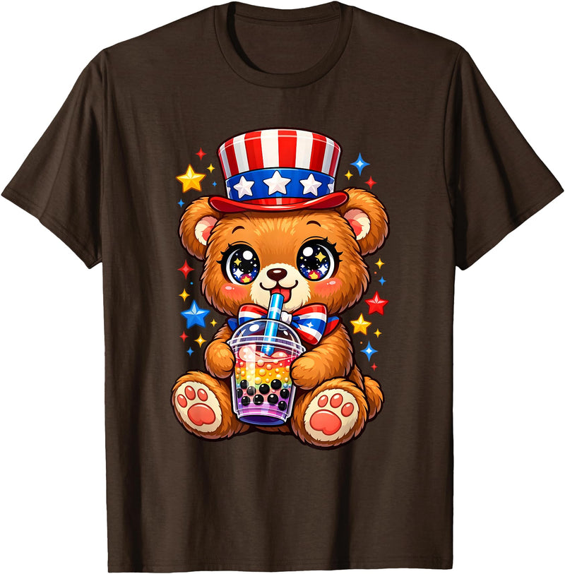 Kawaii Red White and Blue Fourth July Little Kids Cute Teddy Bear Patriotic 4th July Gift Bubble Boba Tea USA T-Shirt - Brown