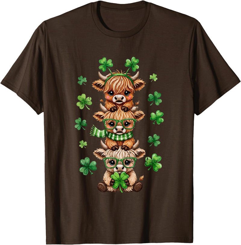 St Patricks Day Highland Cow Lucky Irish Shamrock Funny St Patrick's Day Highland Cow Lucky Shamrock Irish T-Shirt - Brown
