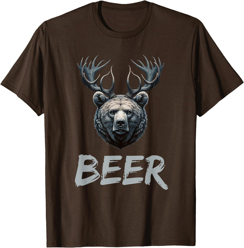 Bear With Antlers Drinker Party Deer Beer Beer Bear Deer Grizzly Bear With Antlers Beer T-Shirt - Brown
