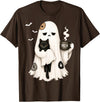 Halloween Cute Ghost Holding Black Cat Spooky Ghost Holding Black Cat Coffee Lover Funny Halloween T-Shirt - Brown