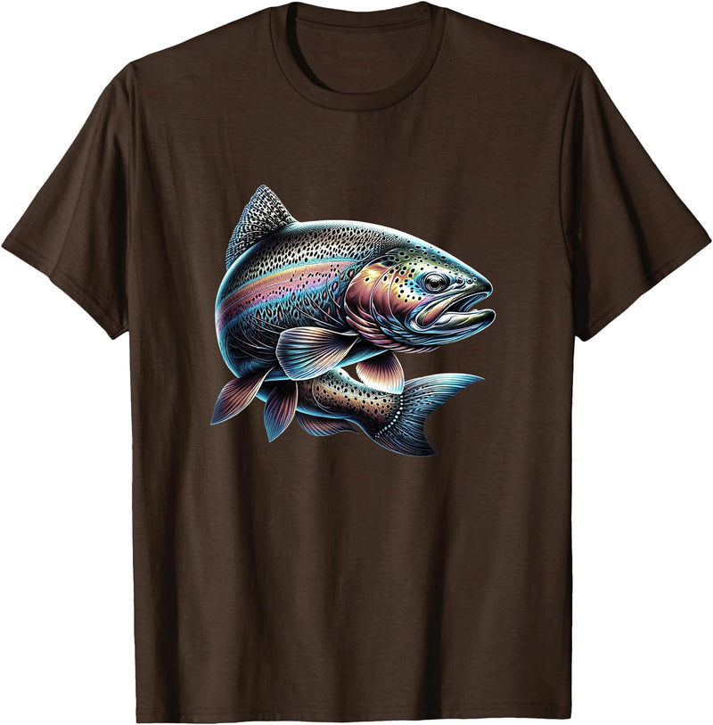 Steelhead Fishing - Unisex Adults & Kids Fishing T-Shirt - Black - Small - Short Sleeve - Cotton & Polyester - Modern Fish Graphic - Crew Neck - Regular Fit - Pull On - Imported - Brown