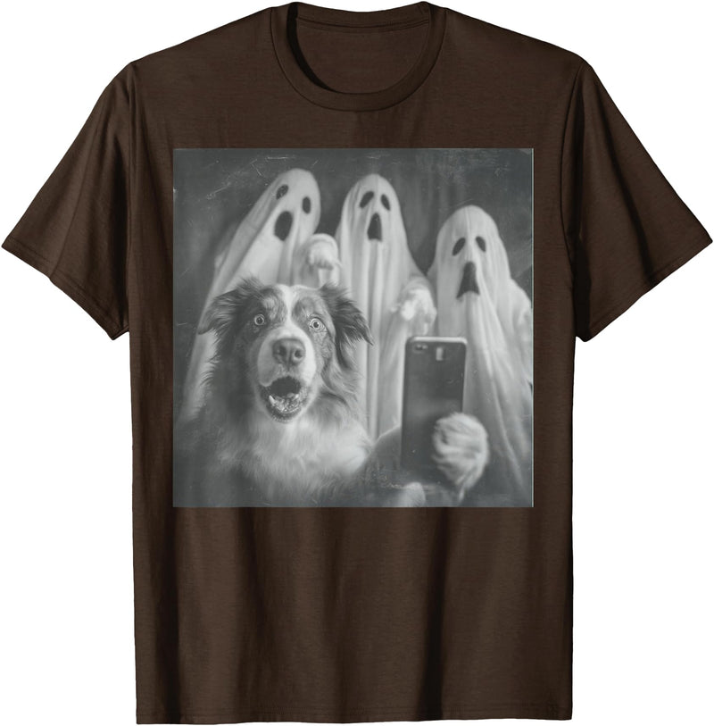 Spooky Aussie Moments Australian Shepherd Selfie Funny Ghost Halloween T-Shirt - Brown