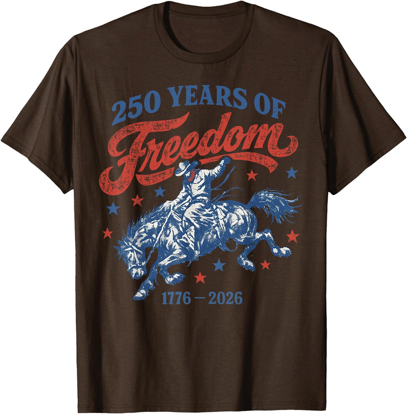 1776-2026 Cowgirl Fourth of July Tee Retro 250 Years of Freedom Cowboy Horse 4th of July T-Shirt - Brown