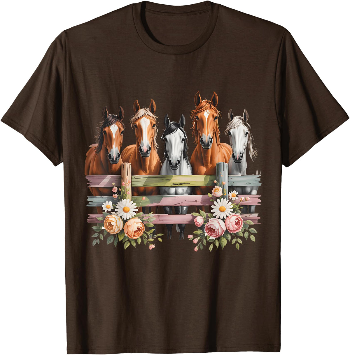 HORSE LOVERS NOVELTY APPAREL Wild Floral Horses For Men Women Kids Horse Lover T-Shirt - Brown