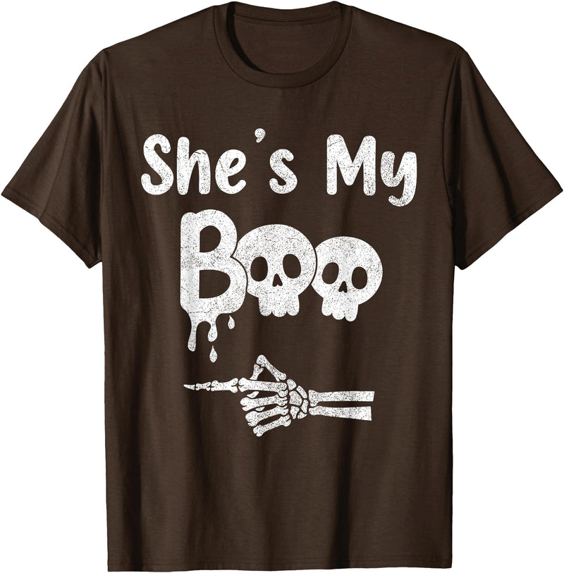 Couples Halloween Matching Gifts Matching Halloween Pajama Couples, She’s My Boo Skull Face T-Shirt - Brown