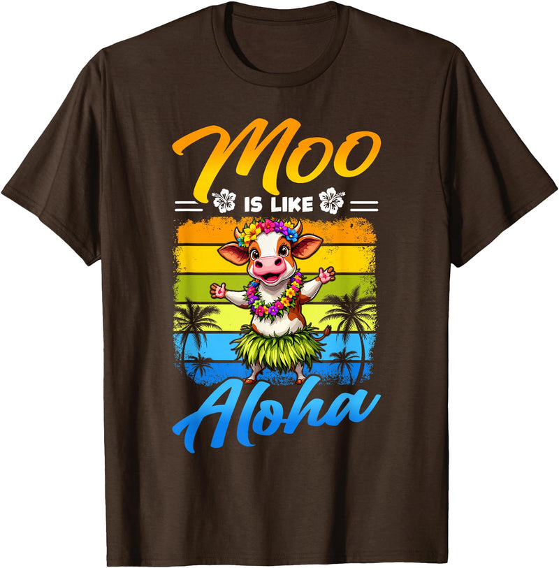 Aloha Animal Hawaii Flower Chain Hula Dance Art Hawaii Animal Haku Lei Grass Skirt Hula Dance Aloha Cow T-Shirt - Brown